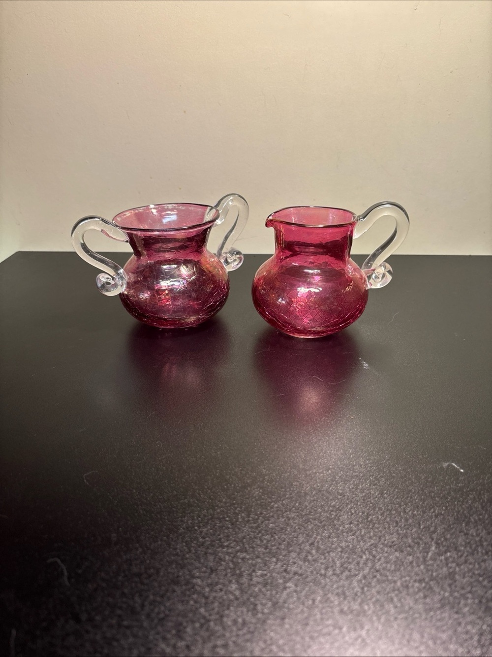 Handblown Cranberry Glass Creamer and Sugar Set with Clear Handles